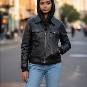 Women's Black Leather Bomber Jacket
